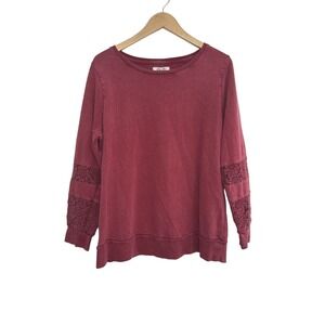 Lucky Lotus California Burgundy Cotton Lace Sleeve Sweatshirt 1X 7Q71407‎ R035